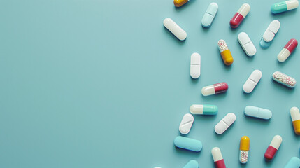 Top down view of pharmaceutical pills. Colourful prescription tablets on a plain background. Copy space for text. Marketing healthcare banner with empty space
