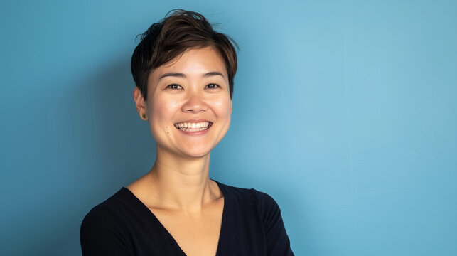 Portrait of beautiful smiling asian woman with cropped short pixie crop hair. Candid business woman smiling in front of plain blue background. Copy space. Bold and vibrant headshot. Generative AI 