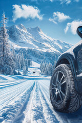 Closeup of a car wheel traveling on a snowy mountain road. Advertising image of winter tires, space for copy