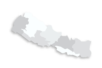 Nepal political map of administrative divisions - provinces. Grey blank flat vector map with dropped shadow.