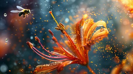 Macro photograph of a flower in bloom releasing pollen into the air, bees pollinating. - obrazy, fototapety, plakaty