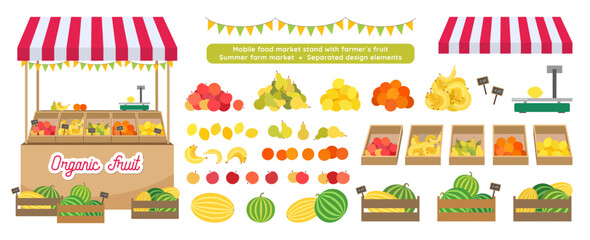 Local market farm fruit kiosk. Merchandise food stall with canopy. Summer vector illustration set flat clipart. Separated design elements fruits. Food market stand awning book game graphics isolated.