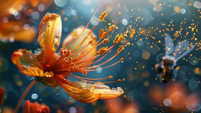 Macro photograph of a flower in bloom releasing pollen into the air, bees pollinating.