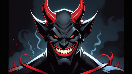 A black devil with red horns smiles slyly. On a dark cinematic background with a ray of light.