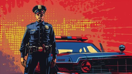 Vector illustration of police officer with police car. Comic book.