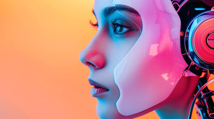 Beautiful robot girl with human skin in neon light. Portrait of a robot with a girl's skin. Artificial intelligence. The digital age is the science of robots. Portrait of a humanoid cyborg