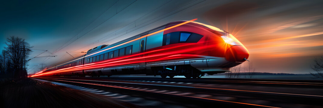 cinematic,Freeze the speed and power of a passing train, capturing the motion blur of the landscape as the train rushes by, highlighting the sleek design and momentum of modern transportation, action 