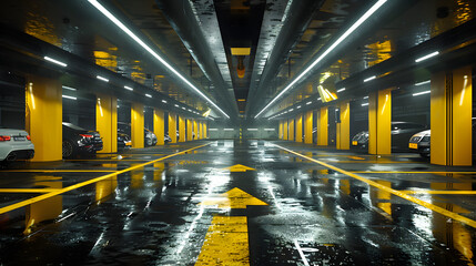 Obraz premium An underground parking garage with yellow and black striped walls and white lights.