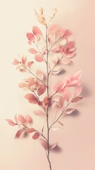 Elegant botanical artwork displaying a branch with delicate pink and beige leaves, arranged artistically on a soft pink background.