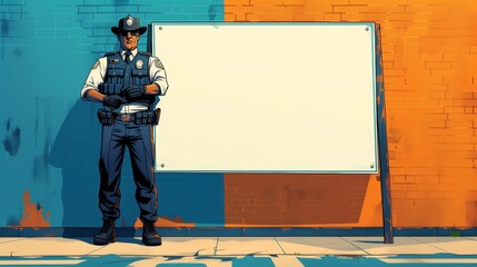 Vector illustration of police officer with message board. Comic book.
