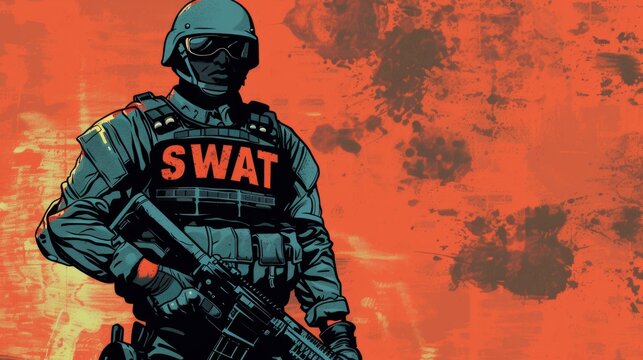 Vector illustration of special police forces SWAT team. Comic book.