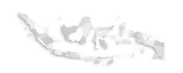 Indonesia political map of administrative divisions - provinces and special regions. Grey blank flat vector map with dropped shadow.