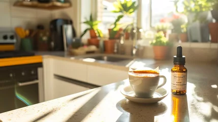 Foto op Canvas Shot of coffee cup with oil bottle on sunny kitchen counter  © CREATIVE STOCK