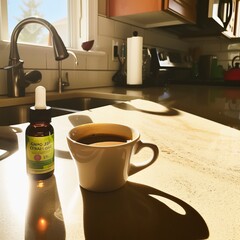 Shot of coffee cup with oil bottle on sunny kitchen counter 