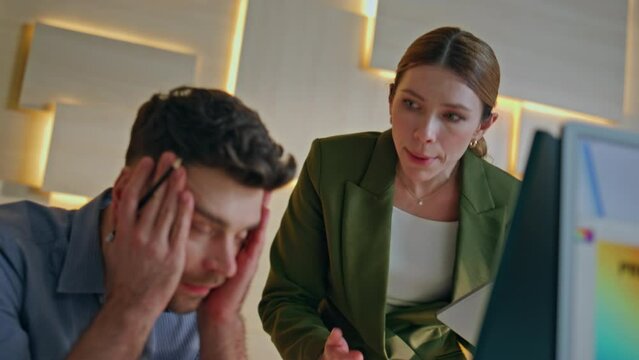 Businesswoman dissatisfied subordinate work at corporate office close up. 