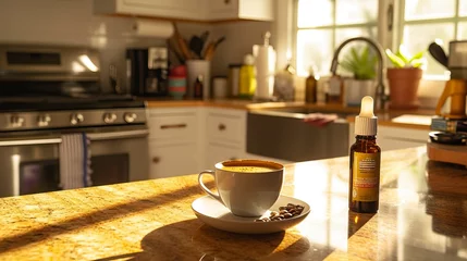 Foto op Plexiglas Shot of coffee cup with oil bottle on sunny kitchen counter  © CREATIVE STOCK