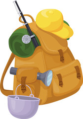 Fishing tourist backpack. Cartoon hiking equipment bag