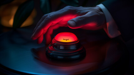 Emergency Button Press. A hand urgently presses a red illuminated button labeled “target” on a dark surface. This image conveys a sense of urgency or critical action. - obrazy, fototapety, plakaty