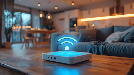A Wi-Fi router is mounted on a wall next to a counter. - obrazy, fototapety, plakaty