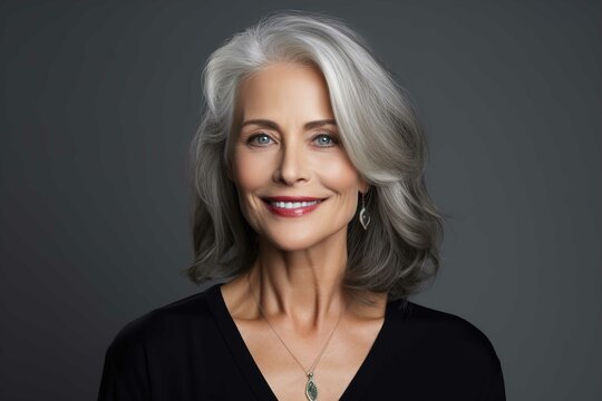 A beautiful smiling senior woman with gray hair and perfect skin in the style of a portrait on a black background