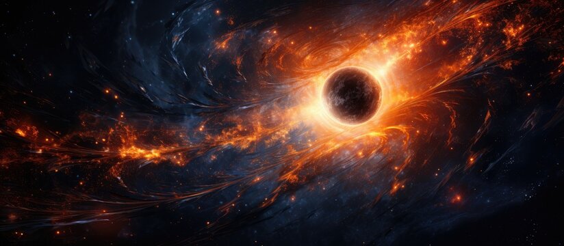 An astronomical phenomenon where a massive black hole is at the center of a galaxy, with vibrant orange and yellow stars nearby