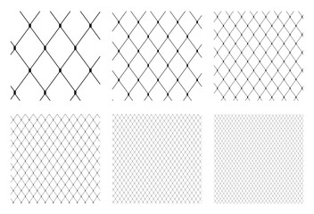 Set of Fishnet seamless pattern lace for Tights Pantyhose. Uniform mesh print for Fashion accessory clothing technical illustration. Vector Black lines flat sketch outline isolated on white background - obrazy, fototapety, plakaty