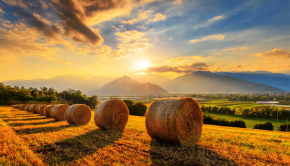 Row of hay bales on a golden beautiful landscape at sunset or sunrise. Agricultural field with hills and sky with clouds in the background. Generative Ai.