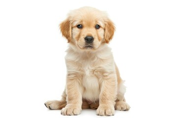 Obraz premium A portrait of a cute Golden Retriever dog sitting on the floor, isolated on white background
