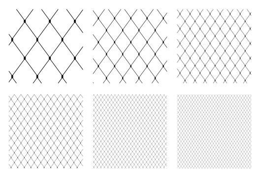 Set of Fishnet seamless pattern lace for Tights Pantyhose. Uniform mesh print for Fashion accessory clothing technical illustration. Vector Black lines flat sketch outline isolated on white background