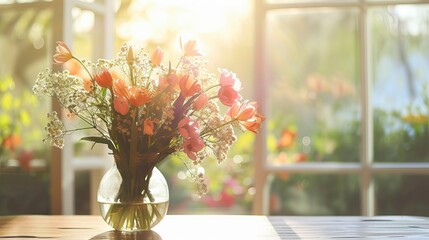 Spring flowers bouquet in vase on table in living room with morning sun ligh