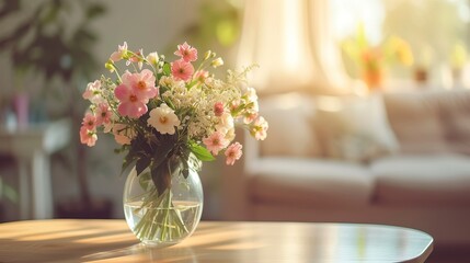 Spring flowers bouquet in vase on table in living room with morning sun ligh