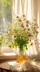 Spring flowers bouquet in vase on table in living room with morning sun ligh