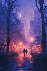 Foggy city park with early joggers wearing pollution masks, serene, dawn light,Isometric Art - obrazy, fototapety, plakaty