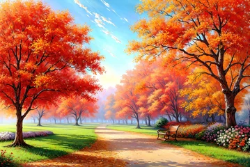 Papier Peint photo Rouge 2 Oil painting an autumn colorful landscape, beautiful orange red trees in the forest