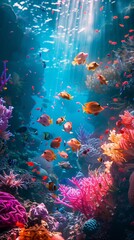 Fototapeta na wymiar Marine life affected by industrial pollution, underwater scene, vivid colors,Neon Art