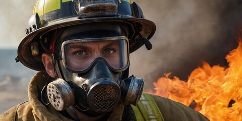 Portrait of a fireman wearing a gas mask in a fire - obrazy, fototapety, plakaty
