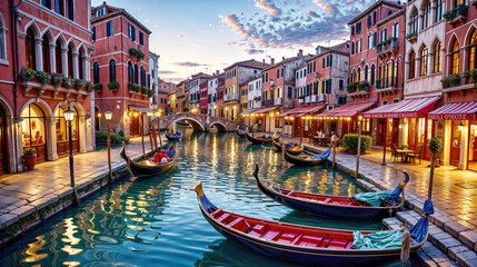 Venice canals with gondolas atmospheric landscape , oil painting style illustration - obrazy, fototapety, plakaty