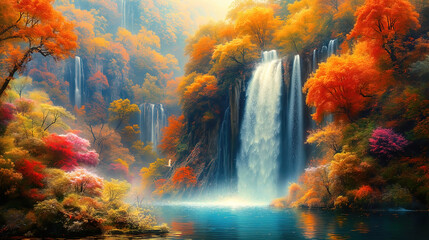 Obraz na płótnie Canvas Fantasy waterfall with autumn trees and beautiful flowers, idyllic landscape