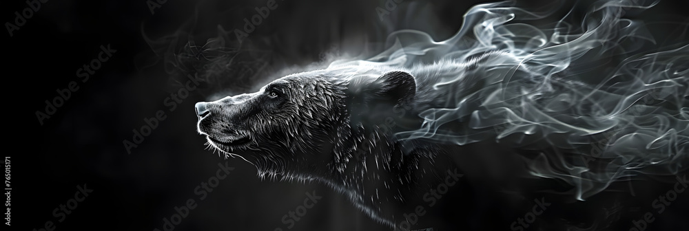 Canvas Prints a black and white picture of a bear on a dark background with smoke coming out of it's mouth.