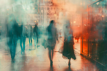 blur art photography of a people walking at street in city, a blurred motion camera photography of modern citylife, concept art for illustration for a poster, for music album or book covers - obrazy, fototapety, plakaty