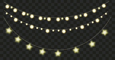 Set with Cristmas light garland in circle and star shape - obrazy, fototapety, plakaty