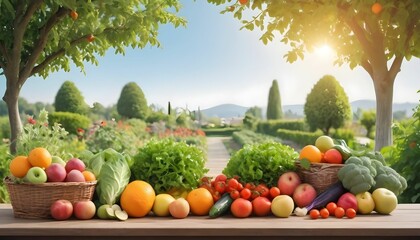 World food safety day having vegetables fruits on the table and side with fruit trees plants and and beautiful flowers behind a beautiful garden with pleasant atmosphere and clear sky 