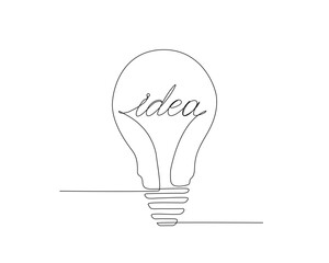 Continuous one line drawing of  idea bulb or lamp. Idea word in bulb single line illustration. Editable stroke.