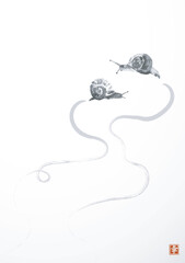 Zen journey of two snails. Traditional oriental ink painting sumi-e, u-sin, go-hua. Translation of hieroglyph - happiness