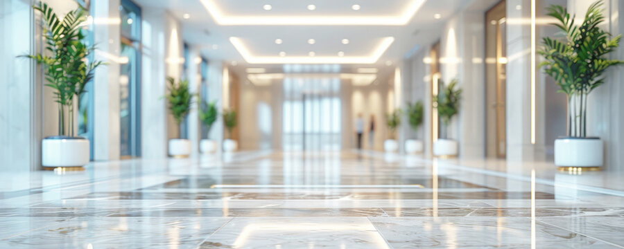 A blurry image of a well-lit, long hallway in an office building with numerous windows, luxury hotel, medical clinic hall. Banner. Selective focus.