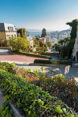 Beautiful view from the top of Lombard Street on a sunny day. Russian Hill neighborhood in San Francisco
