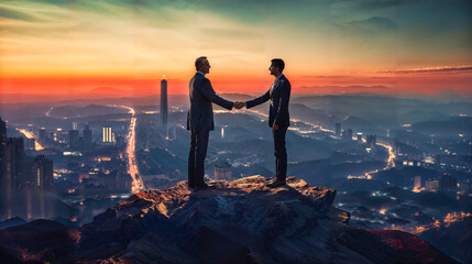 two senior businessmen stand on the summit of a mountain, shake hands, with the city in the background