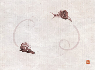 Journey of two snails. Traditional oriental ink painting sumi-e, u-sin, go-hua on vintage background. Translation of hieroglyph - eternity