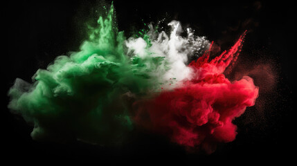 Launched colorful powders, isolated on black background studio. Black, green, red and white colors powder. Palestine flag.