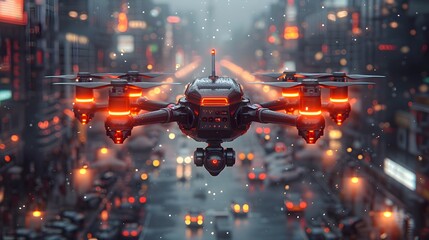 3D illustration of a futuristic drone delivery system, with sleek drones, automated logistics, and efficient navigation, showcasing the potential of aerial technology in ultra HD realism.